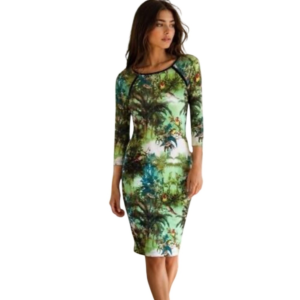 Anthropologie Philosophy Tropical Bird Palm Print Midi Dress Green Small Jungle